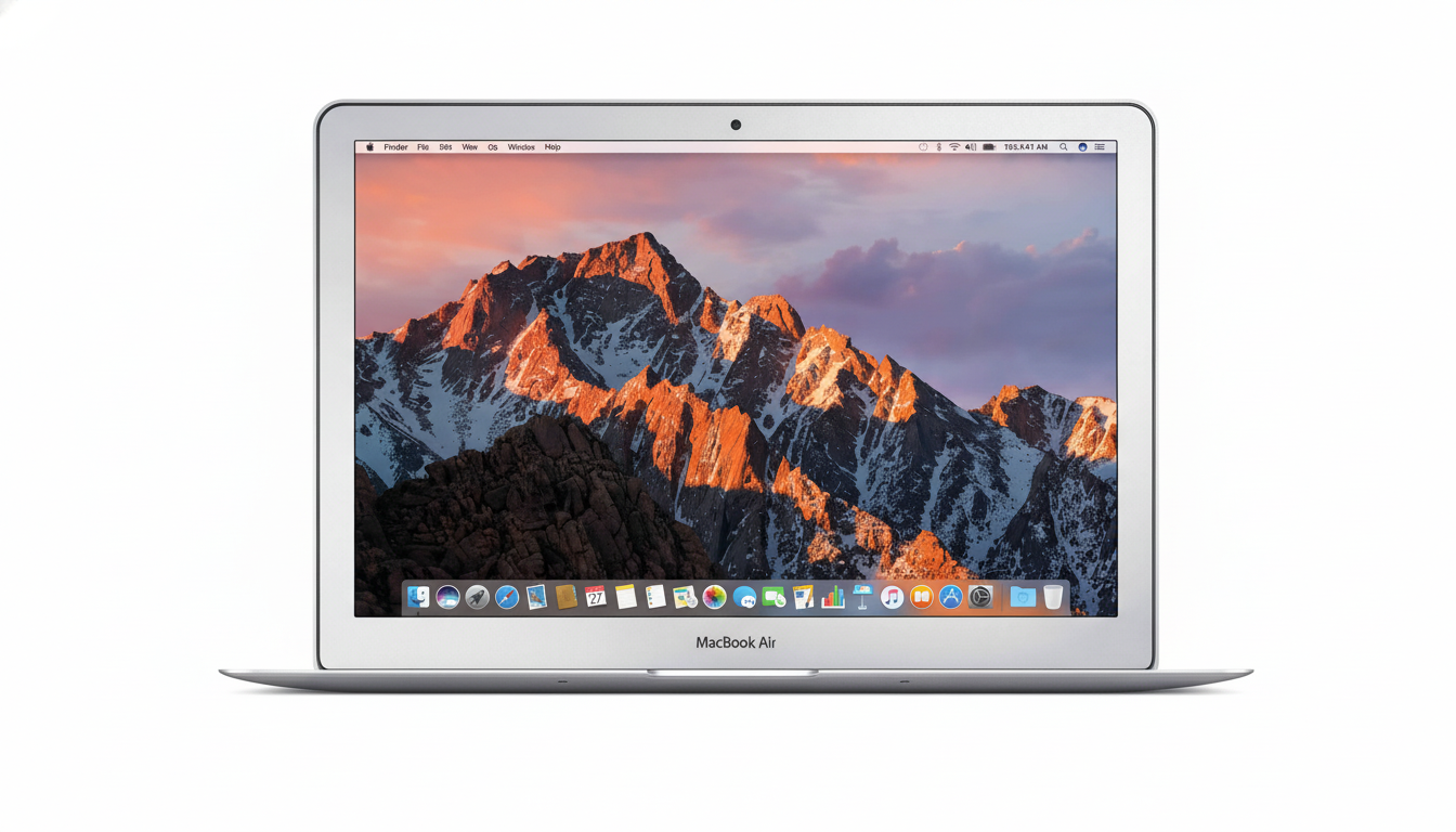 A professional shot of a MacBook Air laptop with a mountain range sunset desktop background, resized to a 1 6:9 aspect ratio.