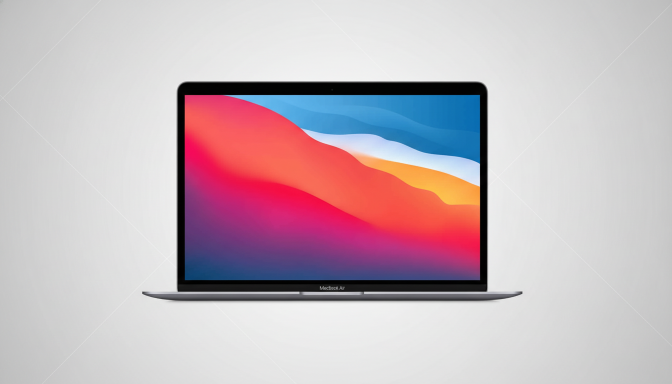 A professional , 16 :9 aspect ratio image of a MacBook Air laptop on a light gray background with su