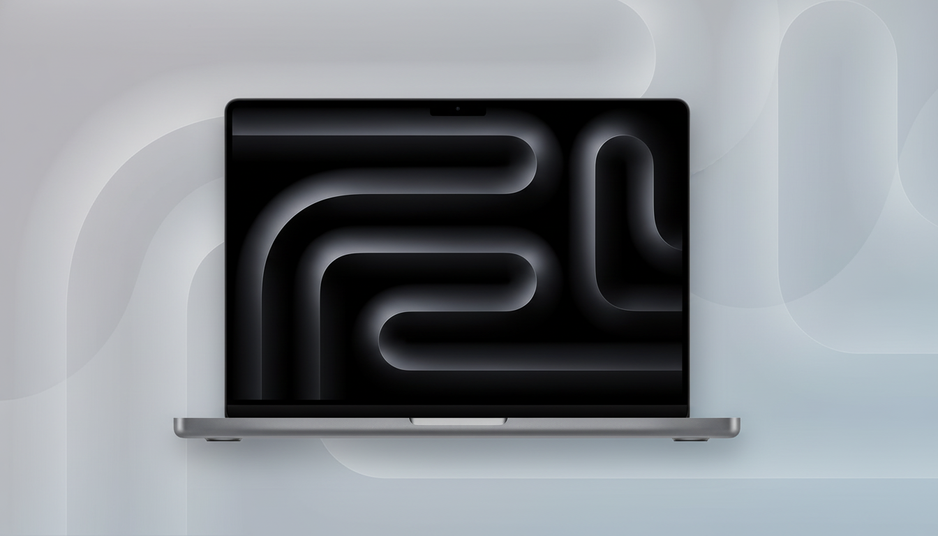 A professional image of a silver laptop with a dark, abstract wallpaper on its screen, set against a soft, light gray background with subtle, curved patterns.