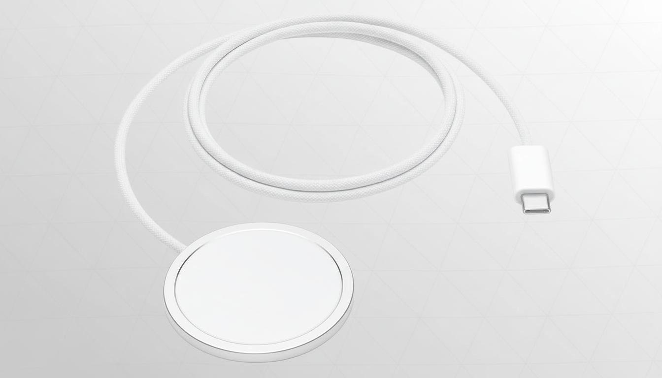 A white circular wireless charger with a braided white cable and a USB-C connector, presented on a professional light gray background with a subtle geometric pattern.