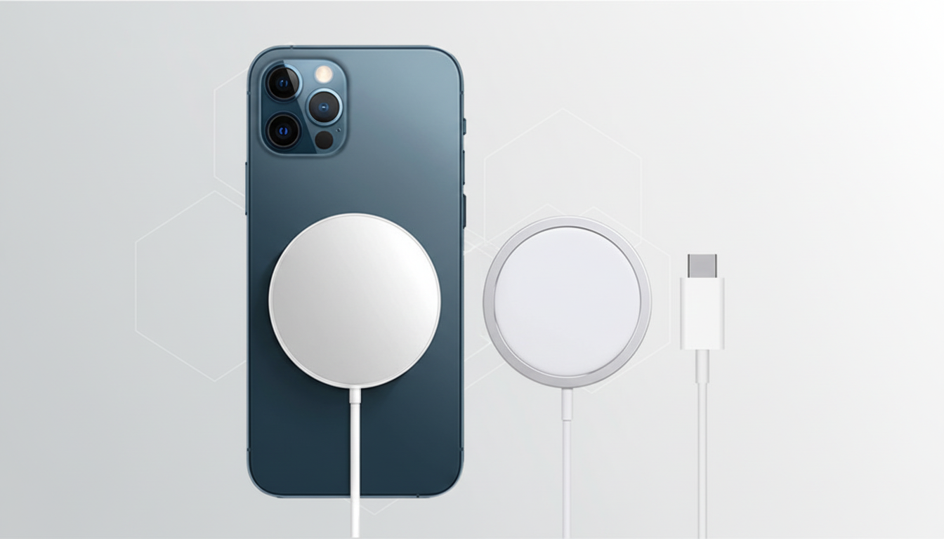 A blue iPhone with a white circular MagSafe charger attached, alongside a separate MagSafe charger and its USB-C cable, all presented on a professional flat design background with soft patterns.
