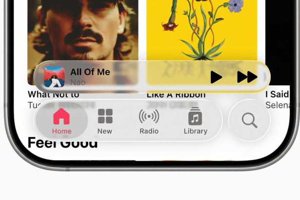A close-up of an iPhone screen displaying the Apple Music interface, featuring album art, playback controls, and navigation tabs at the bottom.