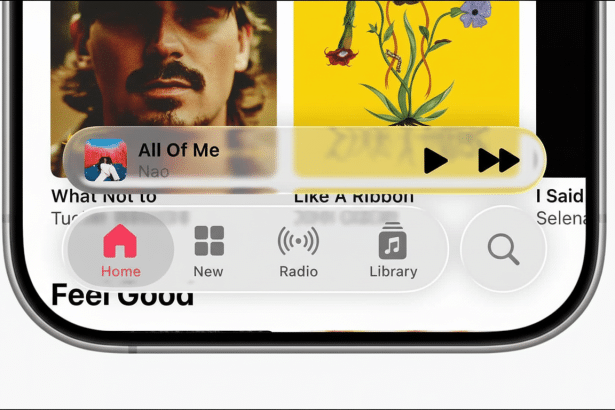 A close-up of an iPhone screen displaying the Apple Music interface, showing a song playing and navigation options at the bottom.