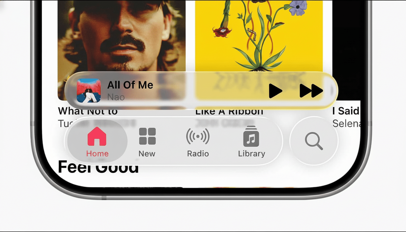 A close-up of an iPhone screen displaying the Apple Music interface, showing a song playing and navigation options at the bottom.