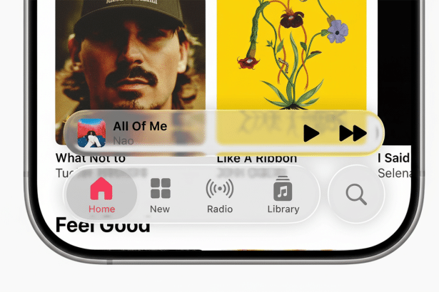 A close-up of an iPhone screen displaying the Apple Music app, showing the bottom navigation bar with Home, New, Radio, Library, and Search icons. A t