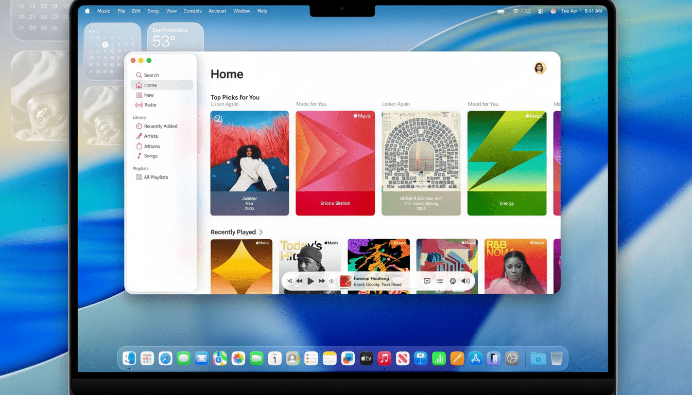 A professional shot of an Apple MacBook Pro displaying the Apple Music application , showing the home screen with Top Picks for You and Recently Played sections.
