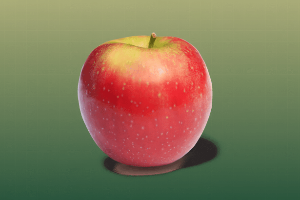 A professional , enhanced image of a single red and yellow apple on a subtle green gradient background with a faint grid pattern.