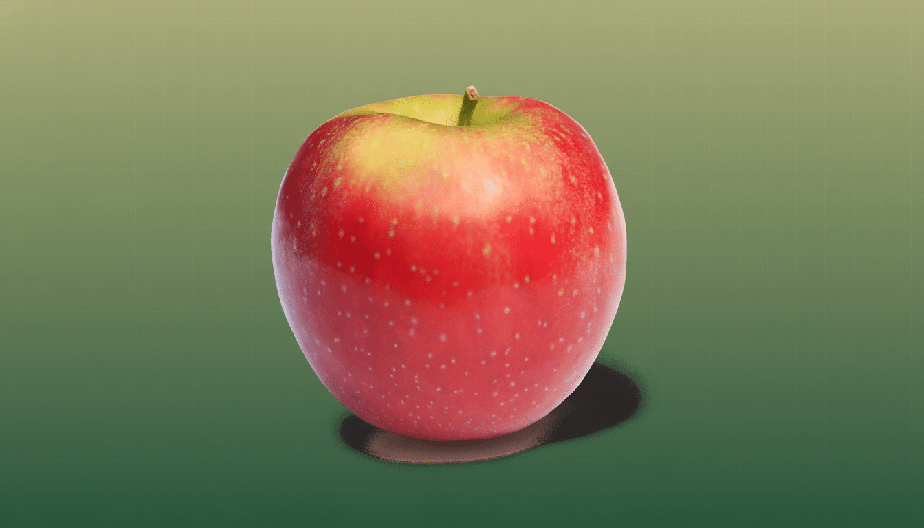 A professional , enhanced image of a single red and yellow apple on a subtle green gradient background with a faint grid pattern.