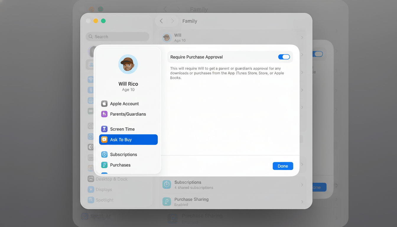 Screenshot of an Apple Family Sharing settings menu showing Ask To Buy selected for a child named Will Rico , with the Require Purchase Approval toggle enabled in a pop-up window. Filename : applefamily sharingask tobuy . png