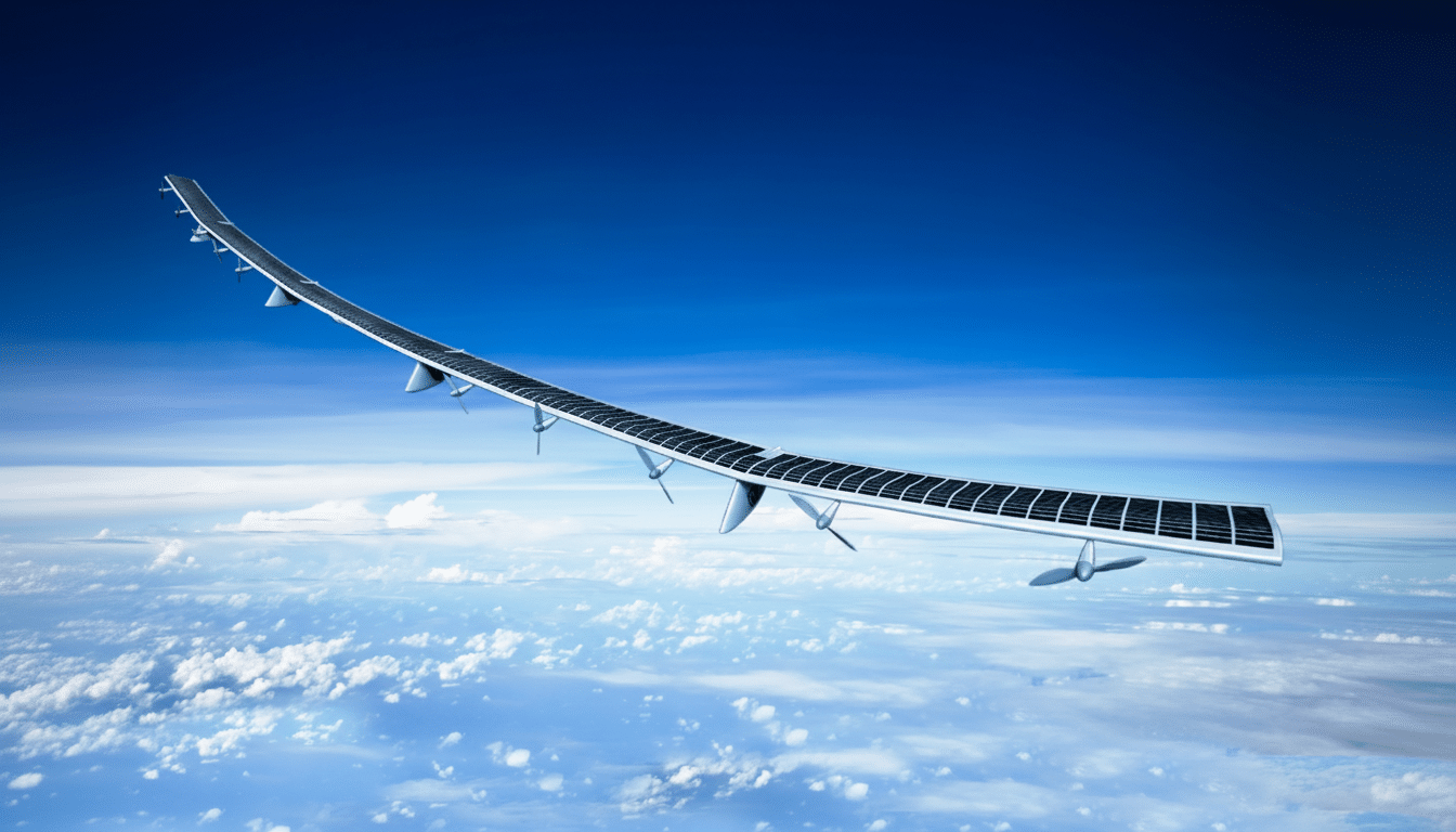 A high -altitude solar- powered drone wing with multiple propellers flying above the clouds under a clear blue sky, presented in a 16: 9 aspect ratio
