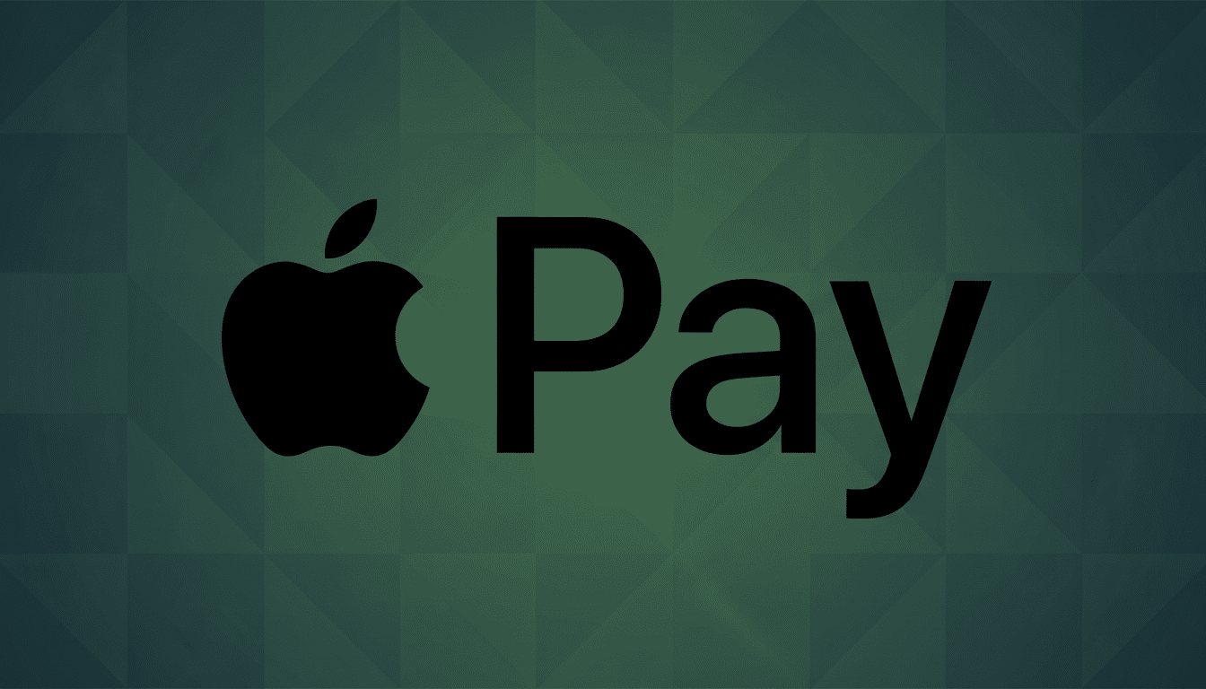 Apple Pay logo in black on a professional dark green background with subtle geometric patterns.