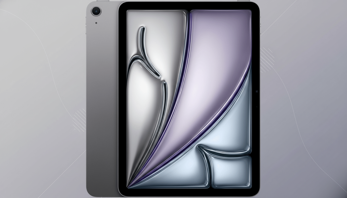 All Text: A gray iPad with a reflective , abstract design on its screen, set against a professional