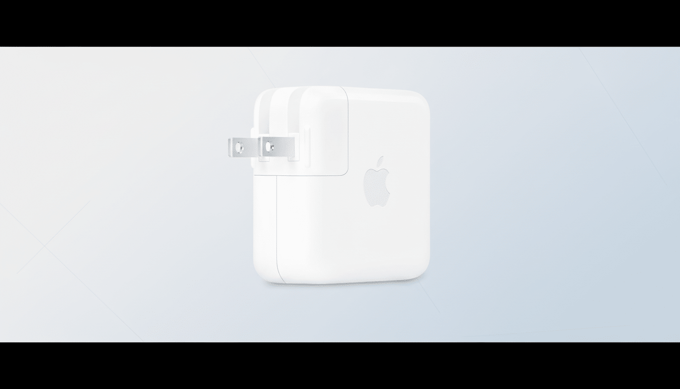 A white Apple power adapter with a two -pronged plug, set against a professional light blue and white gradient background with subtle geometric patterns. Filename : applepower adapterprofessional .png
