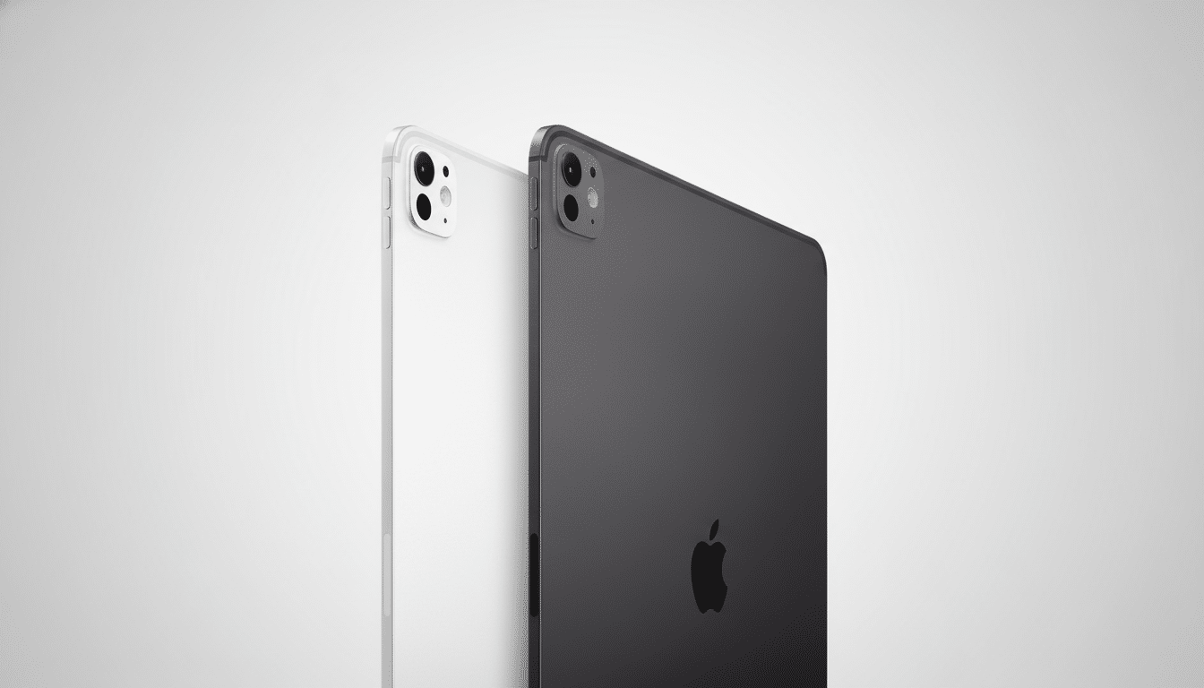 A professional shot of two tablets , one white and one dark grey, shown at an angle.