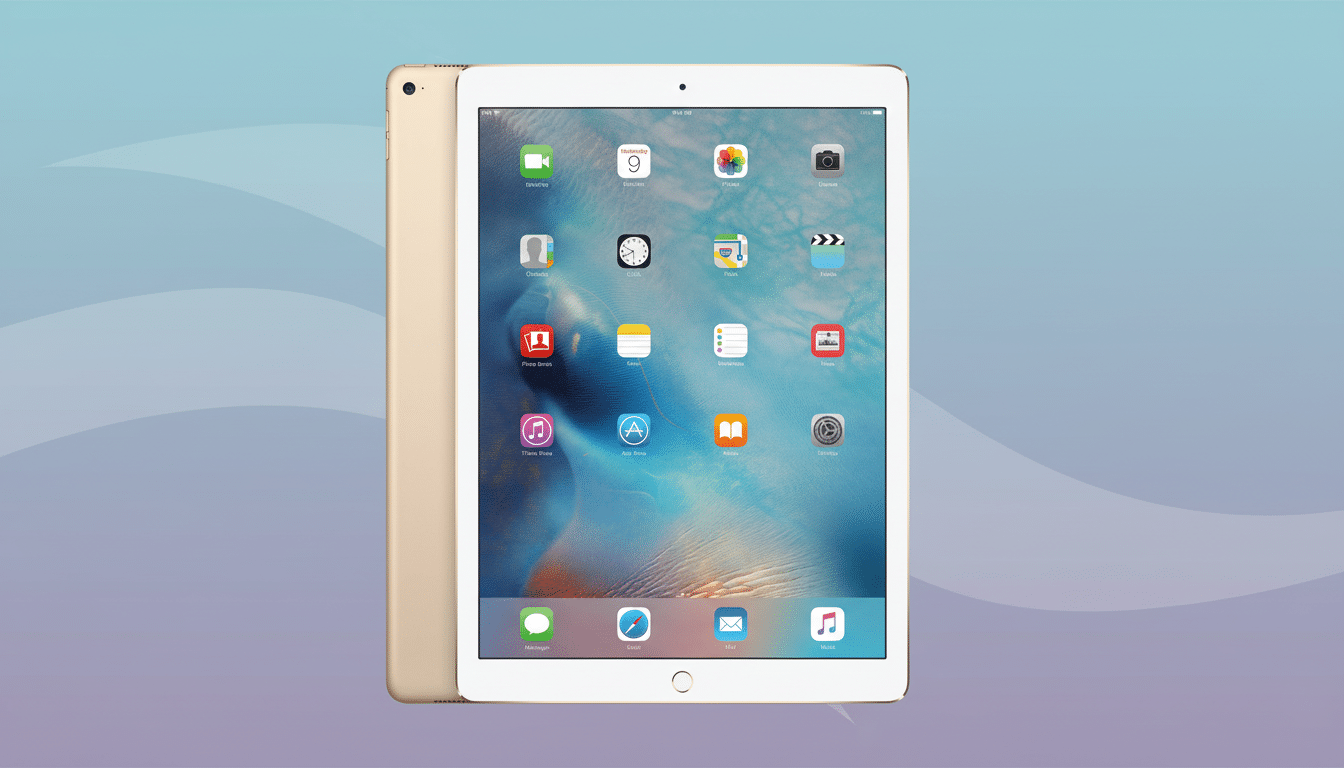 A gold iPad Air 2, viewed from the front, angled slightly to reveal a sli ver of its side profile . The screen displays the iOS home screen with various app icons, including FaceTime , Calendar, Photos , Camera, Contacts , Clock, Maps , Videos , Photo Booth, Notes, Reminders , News, iTunes Store, App Store , i Books, Settings , Messages, Safari , Mail, and Music. The background is a soft gradient from light blue to lavender with subtle, wavy patterns, providing a clean , professional presentation.