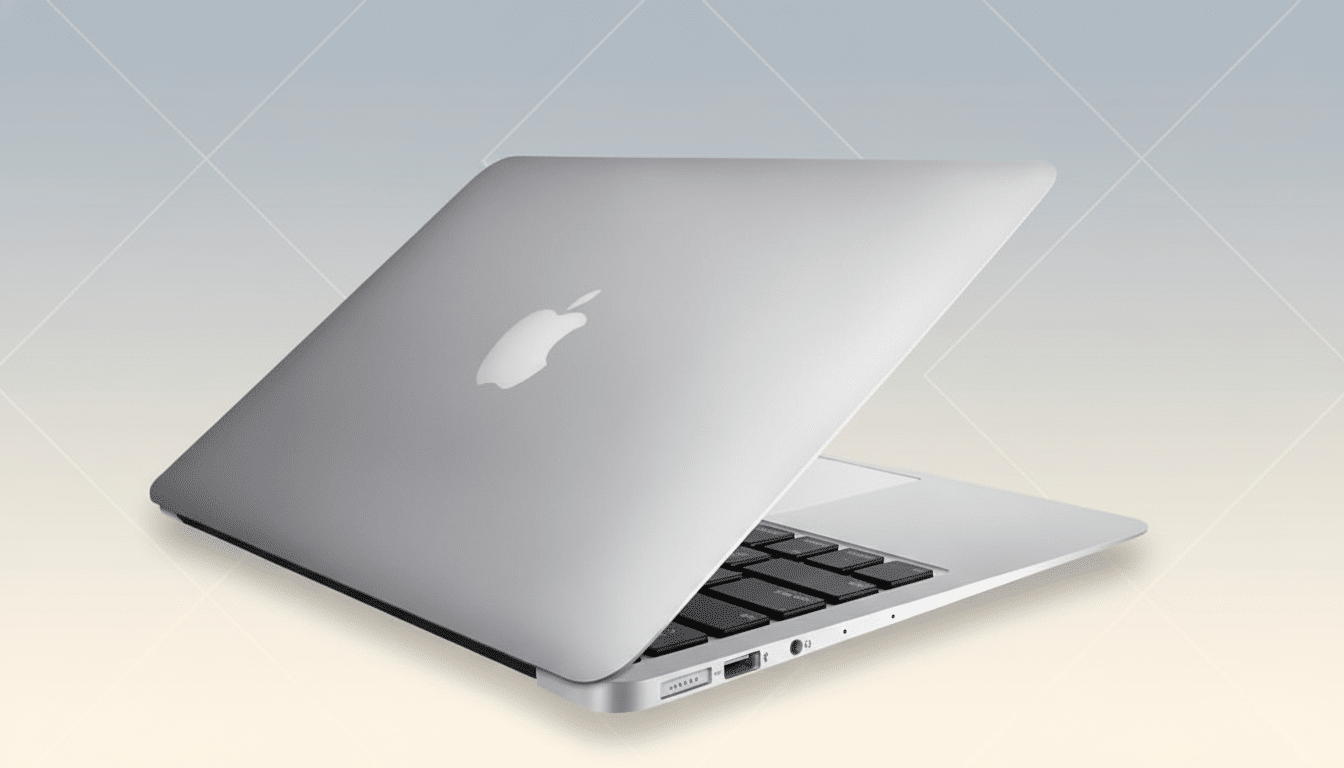 A silver MacBook Air laptop, seen from a slightly elevated angle with the lid partially open, on a soft gradient background with subtle geometric patt