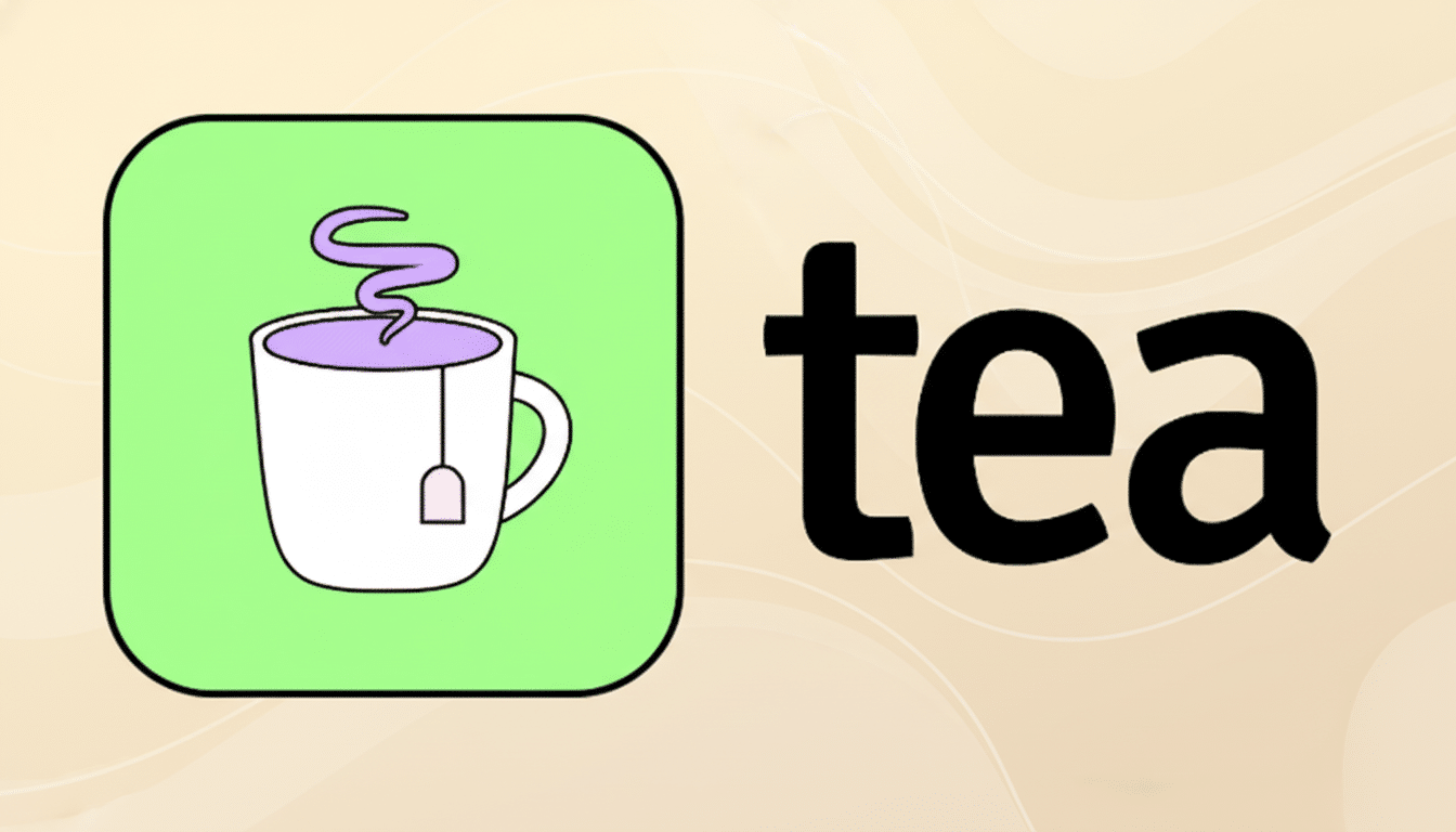 A 16:9 image showing a stylized tea icon on the left with a te acup, te abag, and steam , next to the word tea in black capital letters on a light beige background with subtle, soft wave patterns.