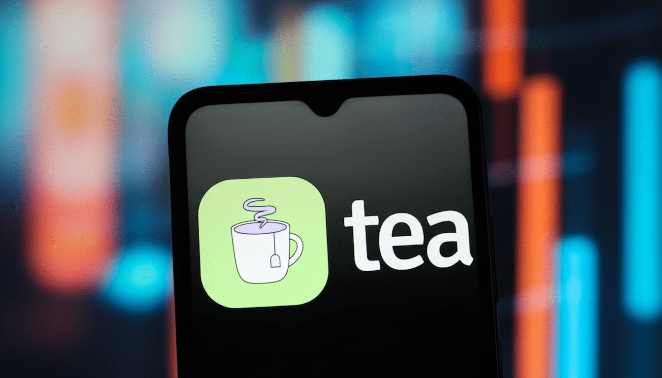A smartphone displaying the tea app icon and name . The app icon is a light green square with a white outline drawing of a steaming te acup with a tea bag tag . The word tea is written in white next to the icon. The background is blurred with orange and blue lights .