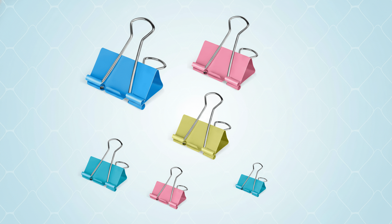 A professional , enhanced image of several colorful binder clips ( blue, pink, yellow, teal) arranged on a light blue background with a subtle geometric pattern, resized to a 16:9 aspect ratio.