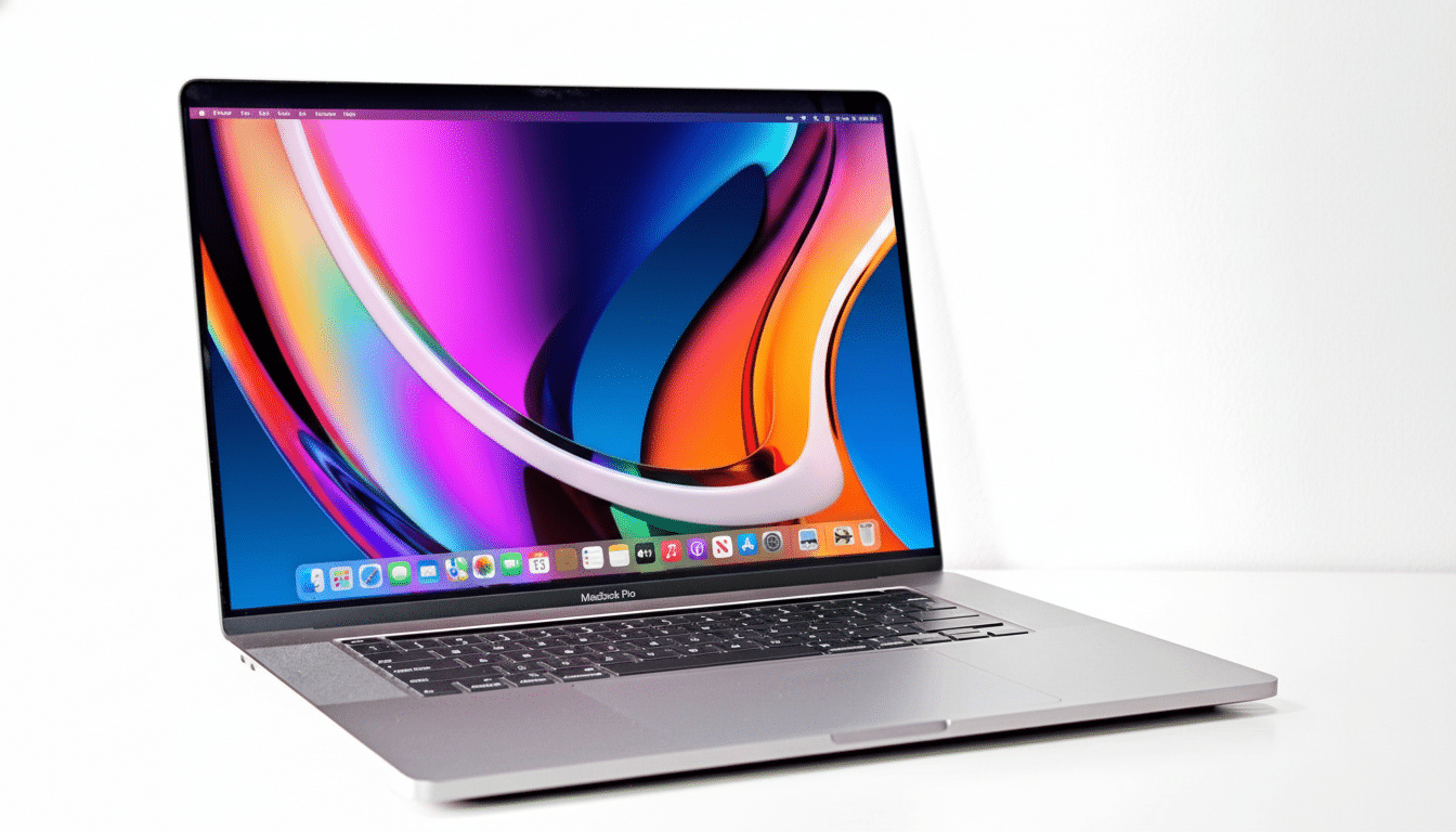 Apple ’ s 2 021 MacBook Pro 16-inch model with the M1 Max chip , displaying a colorful abstract desk