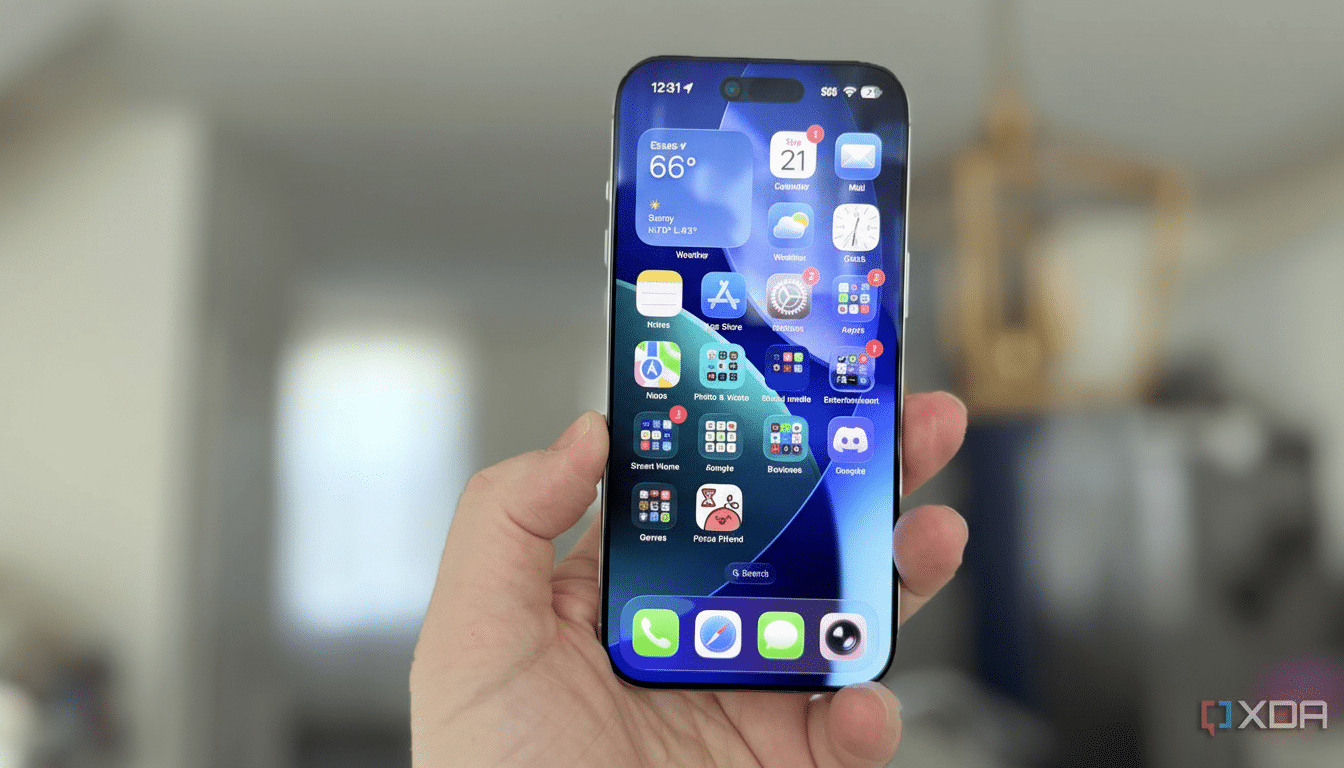 A hand holding an iPhone with its screen displaying the home screen apps , resized to a 1 6:9 aspect ratio.