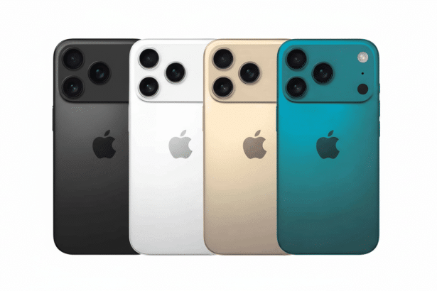 Four iPhones in black, white, gold, and teal, showcasing their backs with the Apple logo and triple camera setup, professionally enhanced and presente