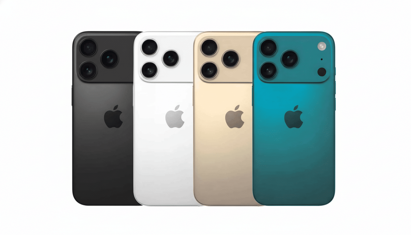 Four iPhones in black, white, gold, and teal, showcasing their backs with the Apple logo and triple camera setup, professionally enhanced and presente