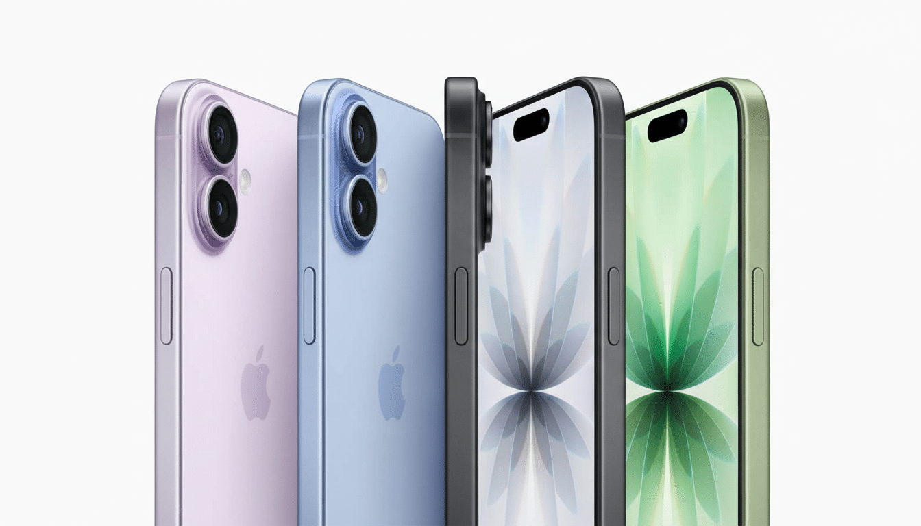 A professional shot of four iPhones in different colors (purple, blue, black, and green) lined up on a white background, showcasing their side profile