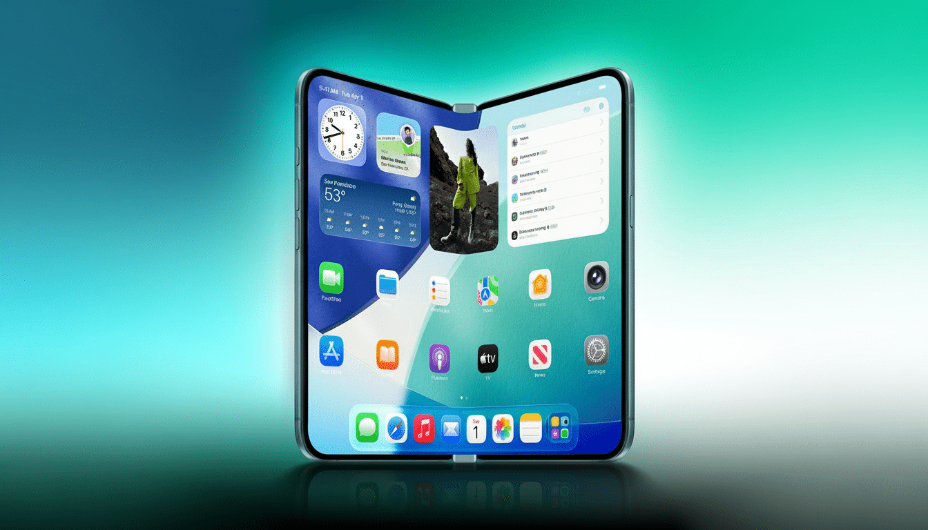 A professional depiction of a foldable phone or tablet, with its screen split into two panels displaying a weather widget and app icons on the left , and a calendar or task list on the right. The device is set against a vibrant , soft gradient background of teal and green .