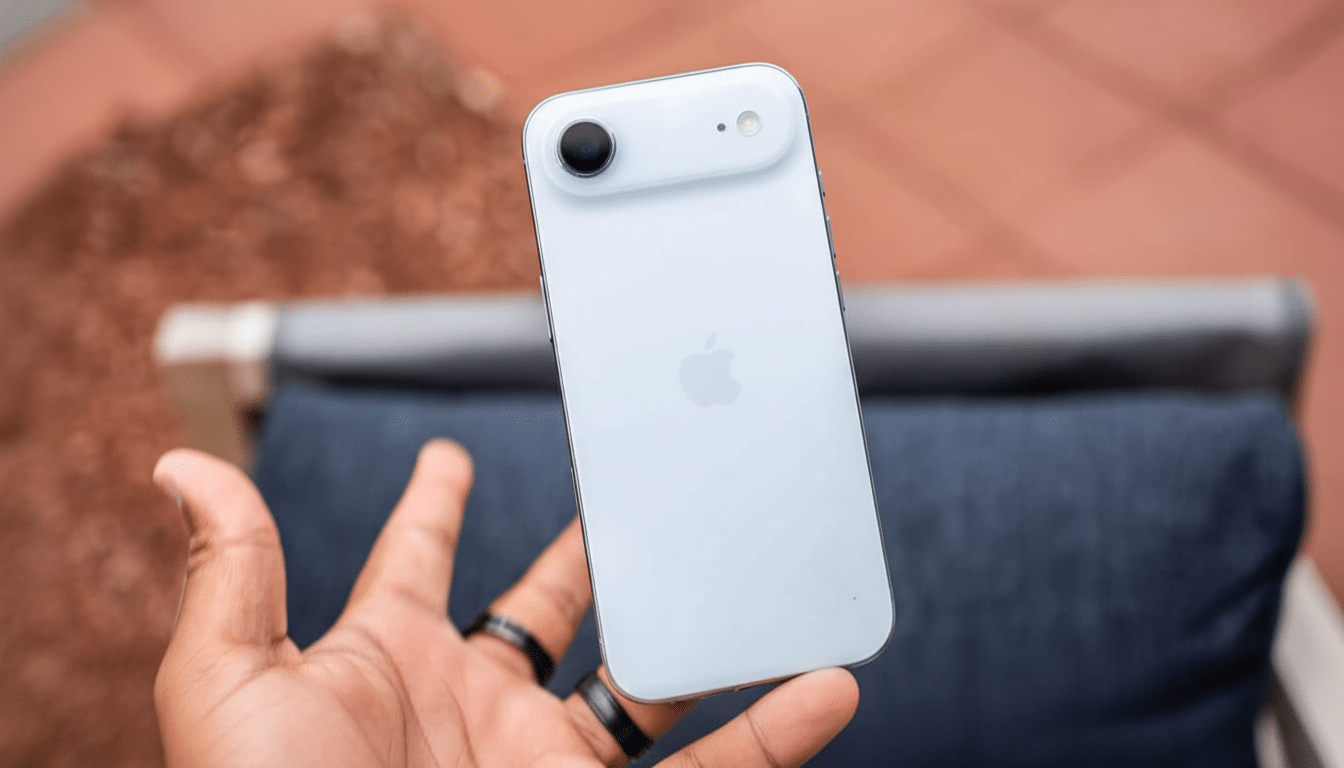 Hand holding a white iPhone with the Apple logo visible on the back, against a blurred outdoor background.