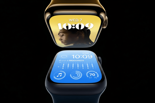 Two Apple Watches, one gold and one blue, with distinct watch faces, against a dark background. The gold watch shows a womans profile on a yellow back