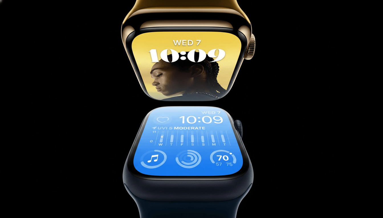 Two Apple Watches, one gold and one blue, with distinct watch faces, against a dark background. The gold watch shows a womans profile on a yellow back