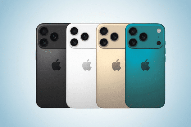 Four smartphone devices , colored black, white, gold, and teal , displayed in a row on a light blue gradient background.