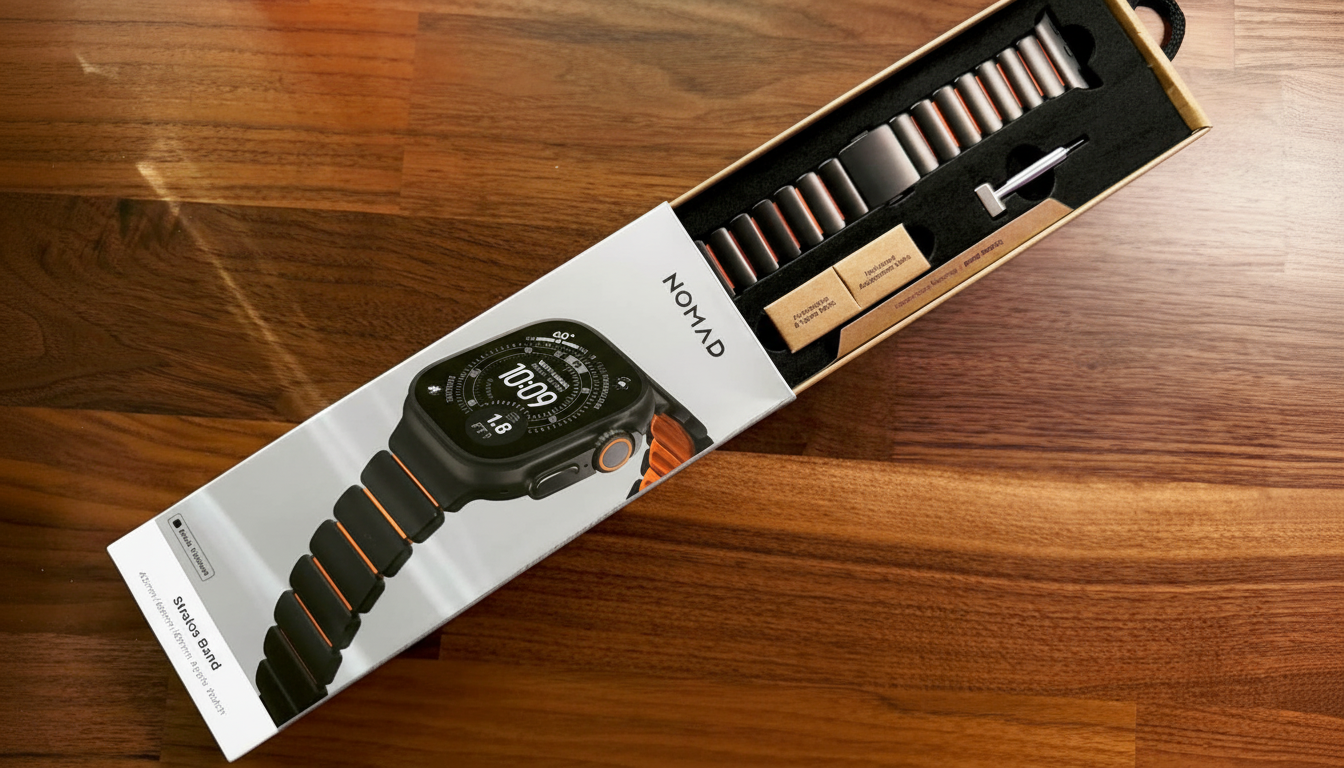 A Nomad brand Apple Watch band in its packaging, with the watch face showing 10:09, on a wooden surface.
