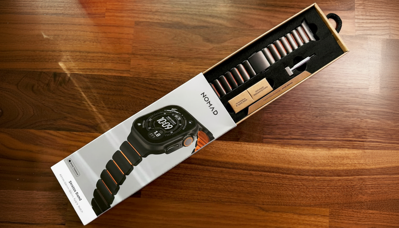 A Nomad brand Apple Watch band in its packaging, with the watch face showing 10:09 and 68 degrees. The band is black with orange accents, and the box is open to reveal the band and tools.