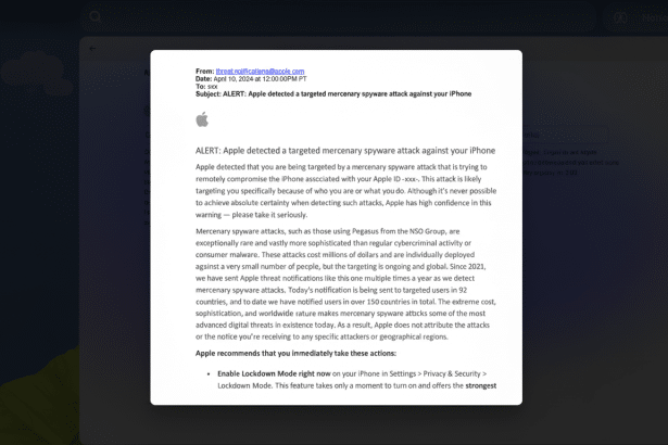 An email from Apple notifying the user of a targeted mercenary spyware attack on their iPhone, with recommendations for immediate actions, displayed w