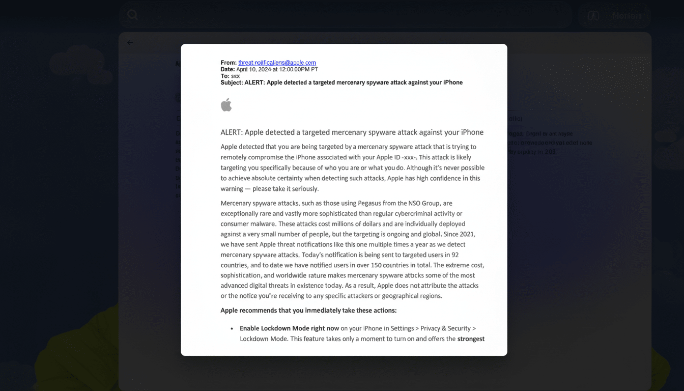 An email from Apple notifying the user of a targeted mercenary spyware attack on their iPhone, with recommendations for immediate actions, displayed w