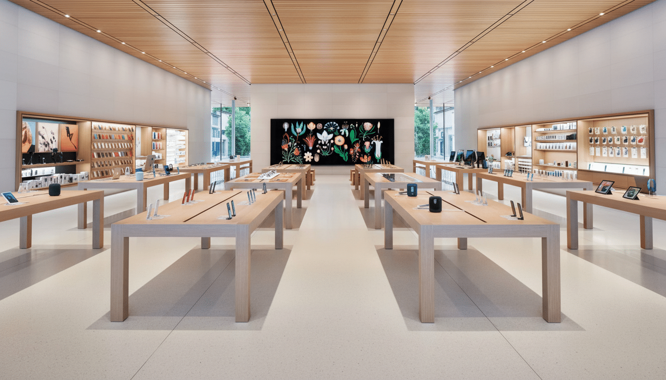 An interior view of an Apple Store featuring long wooden tables displaying products, surrounded by minimalist white walls and a warm wooden ceiling. A