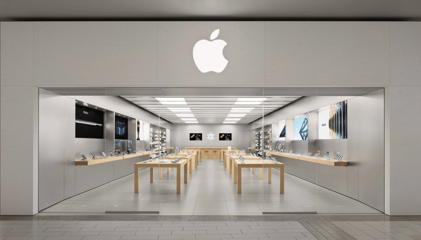 The exterior of a modern Apple Store with its iconic logo above the entrance, showcasing a brightly lit interior with display tables and products.