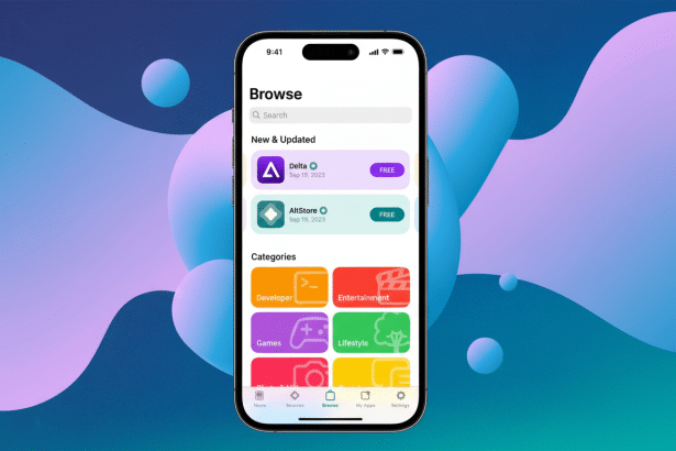 An iPhone displaying the Browse section of an app store, showing New & Updated apps like Delta and AltStore, and various categories such as Developer, Entertainment , Games, and Lifestyle, against a blurred , colorful background .