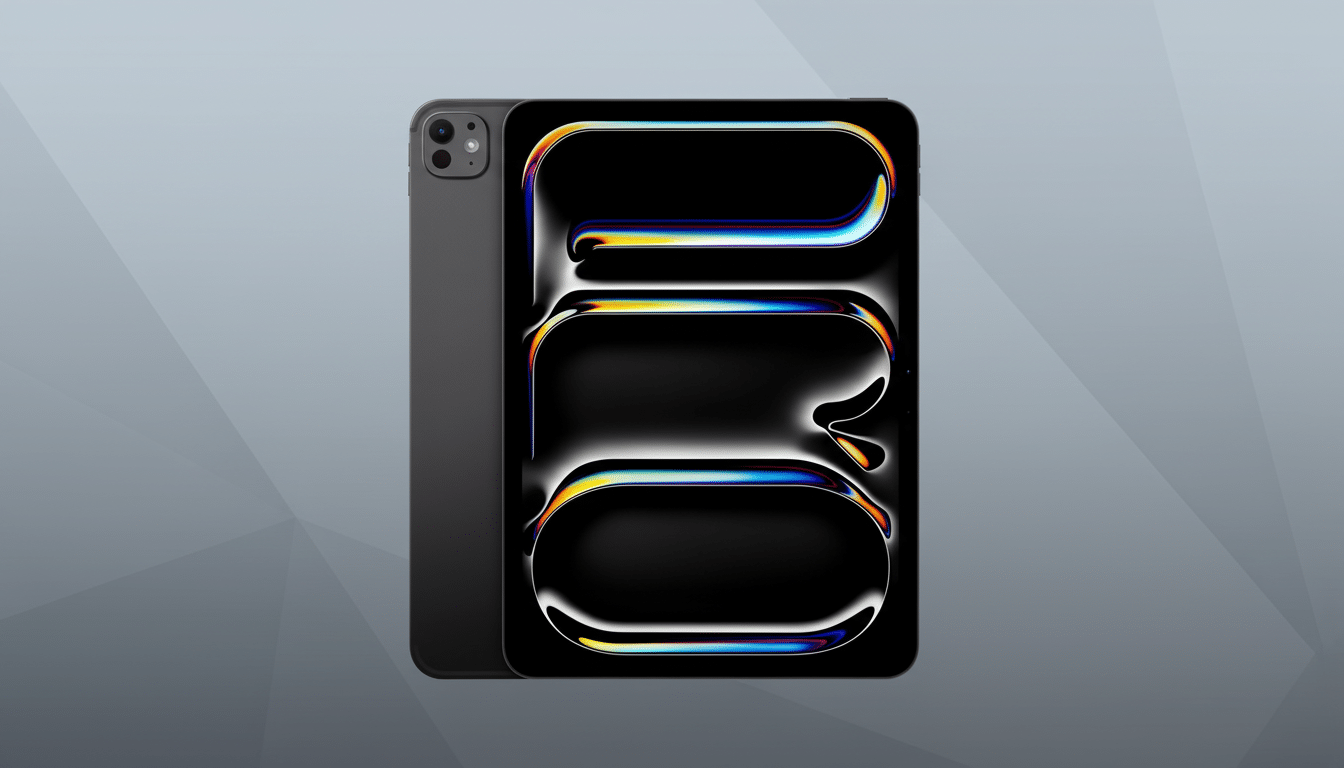 A dark gray tablet and a smartphone with a reflective, abstract design on their screens, set against a subtle gray geometric patterned background. Filename : tablet smartphone professional . png