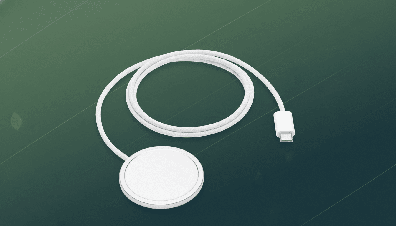 A white MagSafe charger with a USB- C connector on a professional dark green background with subtle diagonal line patterns. Filename : magsafe charger16 x 9. png