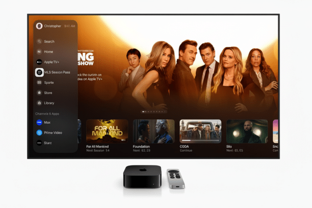 A professional image of an Apple TV 4K box and its remote control in the foreground, with an on -screen display of the Apple TV + interface featuring