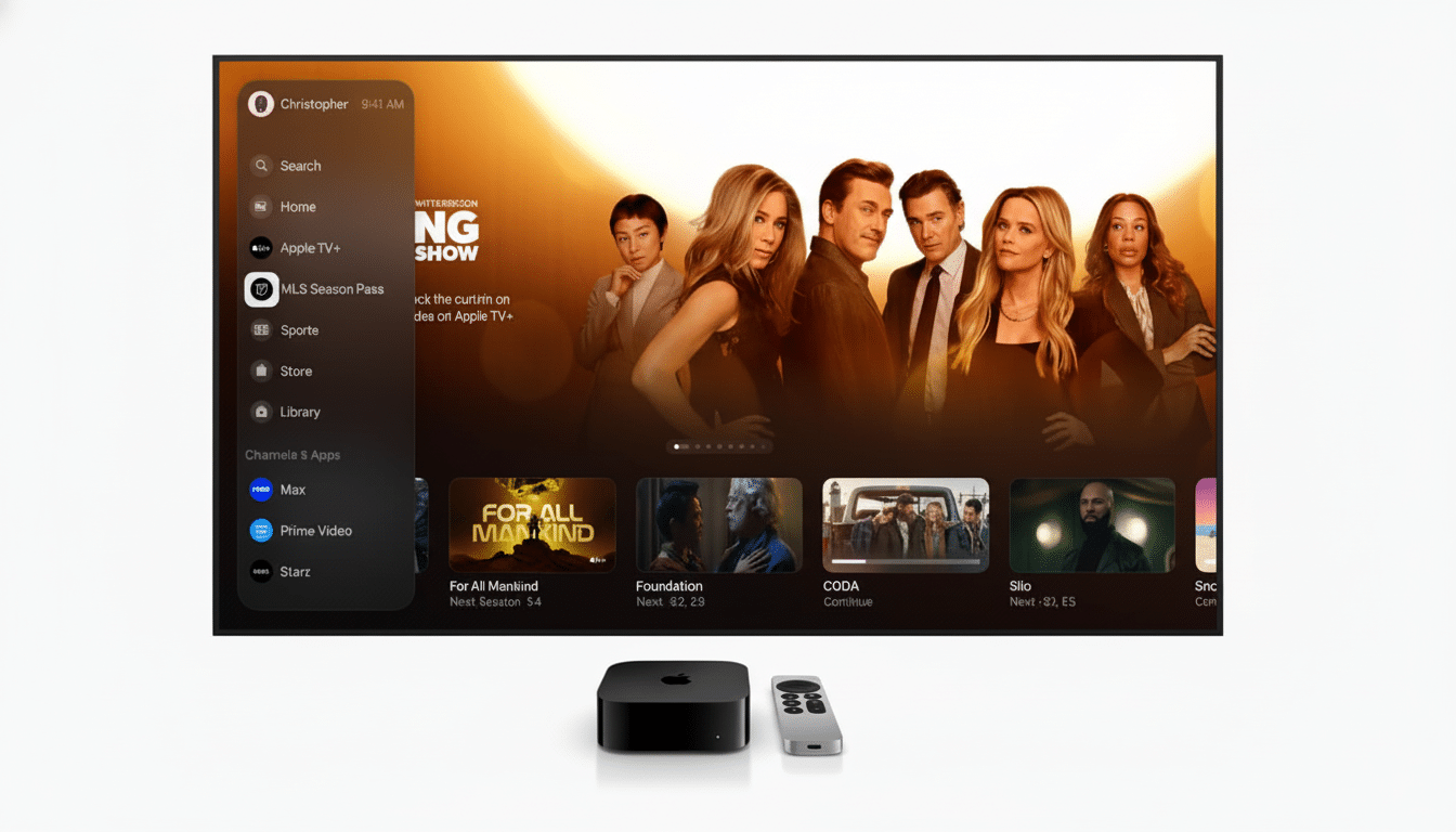 A professional image of an Apple TV 4K box and its remote control in the foreground, with an on -screen display of the Apple TV + interface featuring
