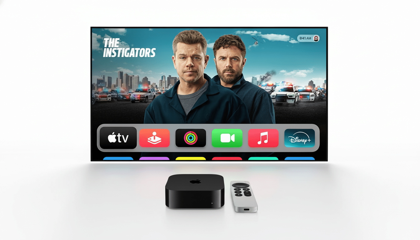 A 16:9 aspect ratio image of an Apple TV 4K box and remote, with a connected television screen displaying the movie  The Instigators and various app icons .