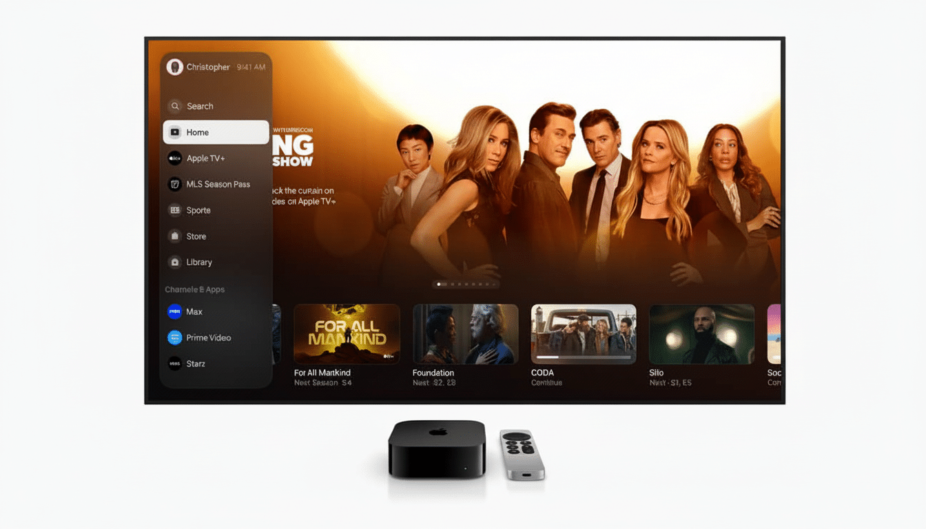 A professional shot of an Apple TV 4K device and its remote control in the foreground, with an Apple TV+ interface displayed on a television screen in