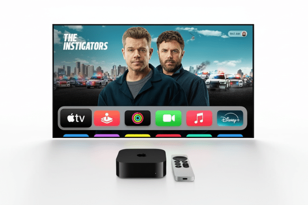 Apple TV 4K device and remote, with a screen displaying The Instigators movie on Apple TV+ and various app icons.