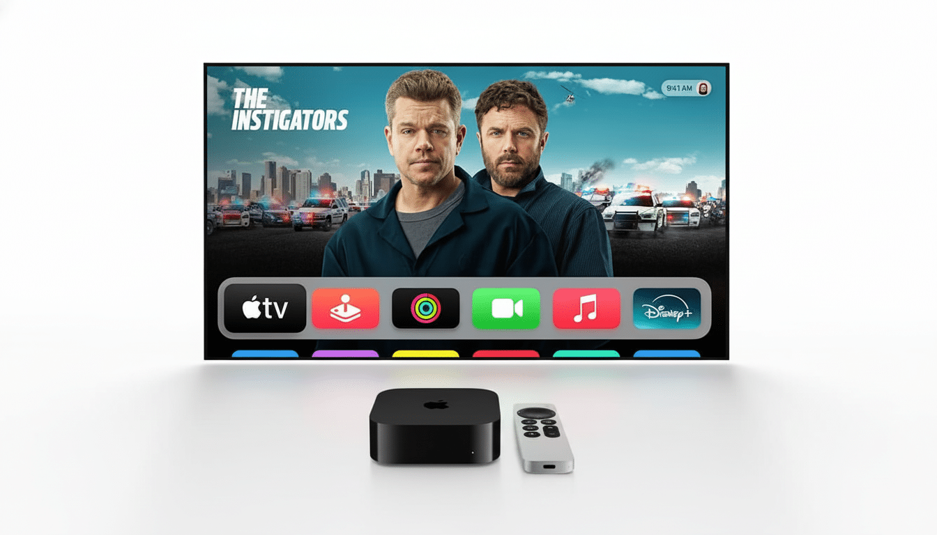 Apple TV 4K device and remote, with a screen displaying The Instigators movie on Apple TV+ and various app icons.