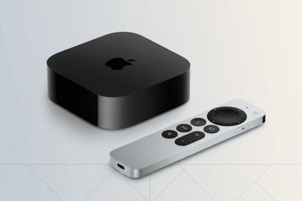 A black Apple TV box and a silver Apple TV remote control are professionally displayed against a soft gradient background .