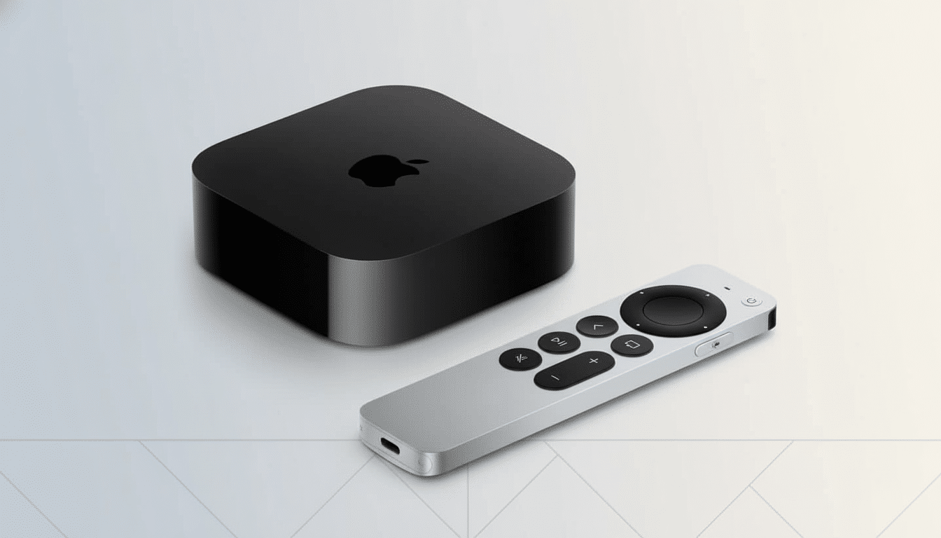 A black Apple TV box and a silver Apple TV remote control are professionally displayed against a soft gradient background .